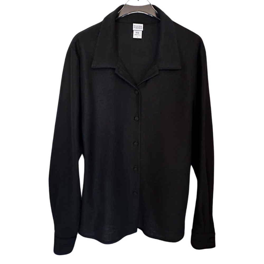 Eileen Fisher Black Wool Button-Down Shirt, Size L